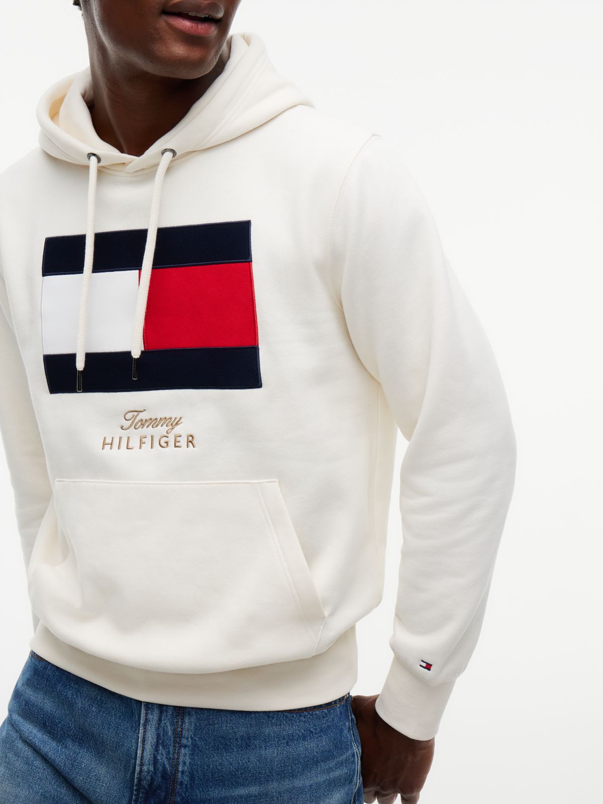 Embroidered Flag Logo Fleece Hoodie — Ivory Petal