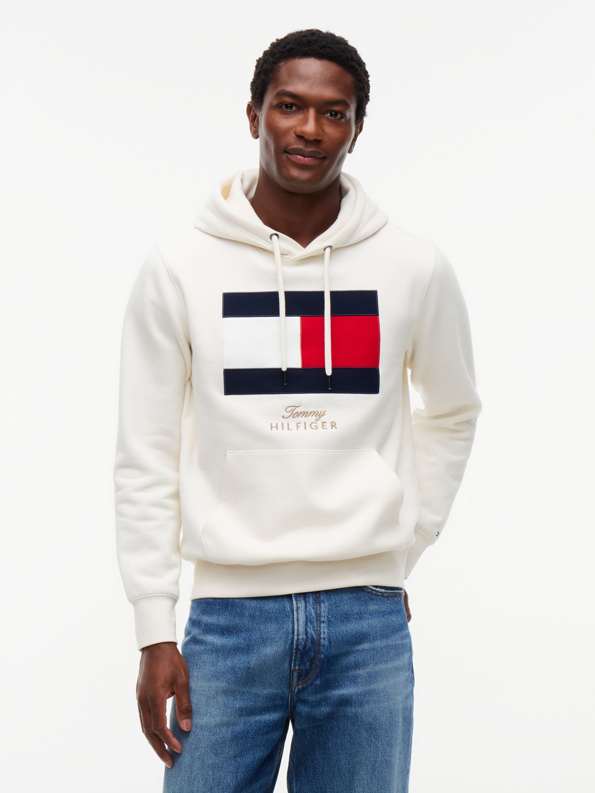 Embroidered Flag Logo Fleece Hoodie — Ivory Petal