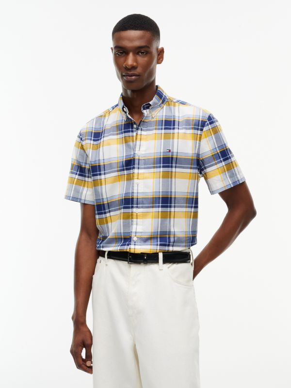 Regular Fit Short-Sleeve Plaid Shirt — Preppy Navy Check