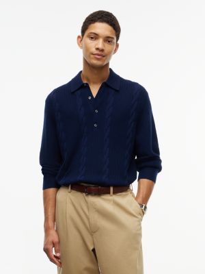 New York Label Wool-Blend Sweater Polo, Navy Blue