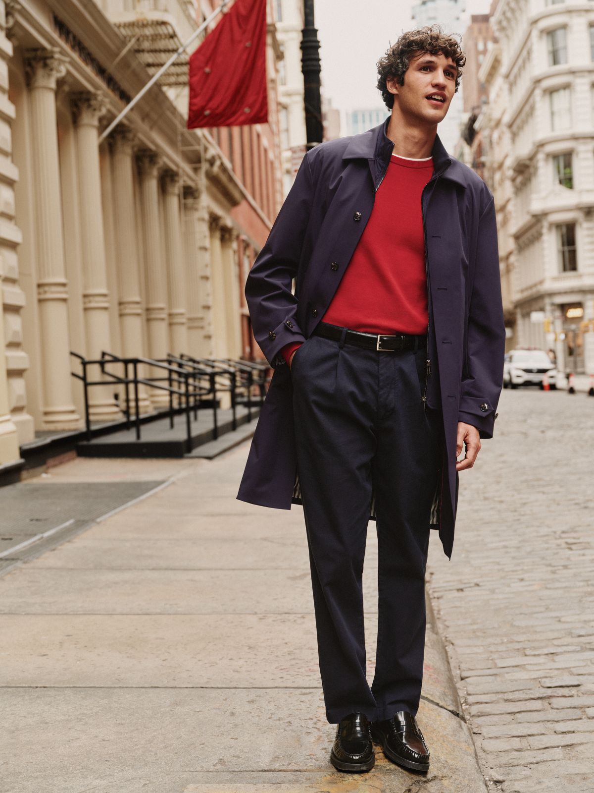 Belted Pleated Twill Pant — Navy Blue