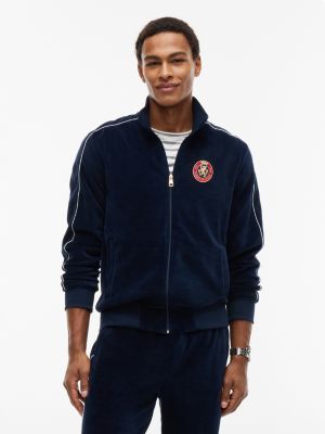 Crest Patch Velour Track Jacket, Carbon Navy