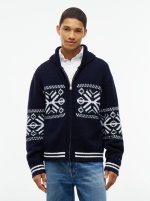 Fair Isle Wool-Blend Zip Cardigan, Navy Blue
