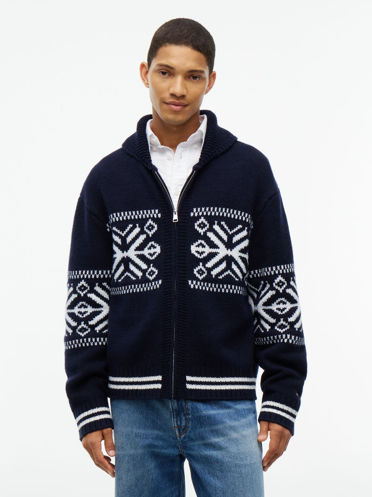 Fair Isle Wool-Blend Zip Cardigan — Navy Blue
