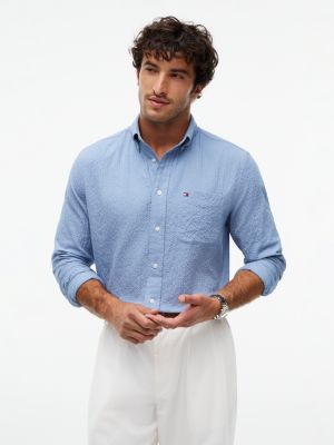 Мужская рубашка Tommy Hilfiger Classic Fit Seersucker Pocket, цвет: Синий — фото 1