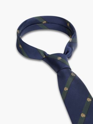 Мужской галстук Tommy Hilfiger Crest Logo Striped Silk Tie, цвет: Тёмно-синий / Зелёный — фото 2