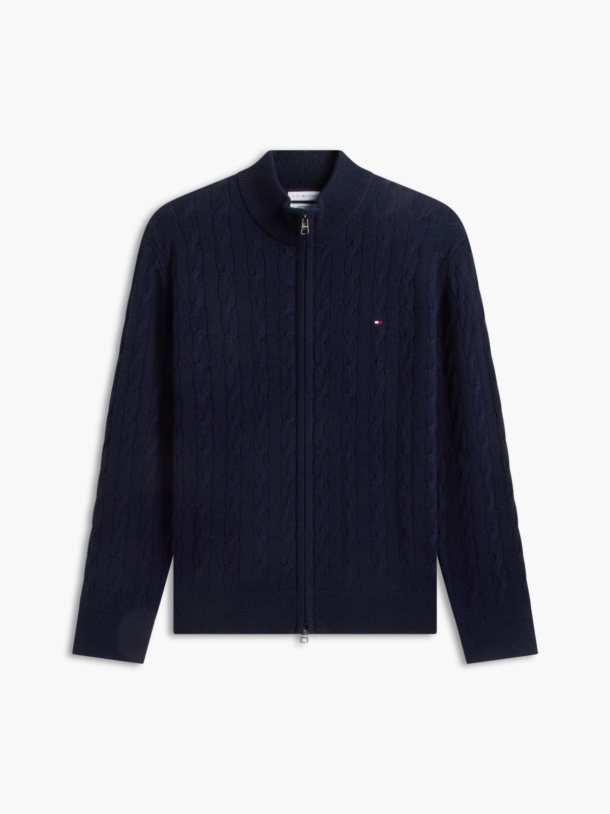 Cable Knit Lambswool Zip Cardigan — Navy Blue