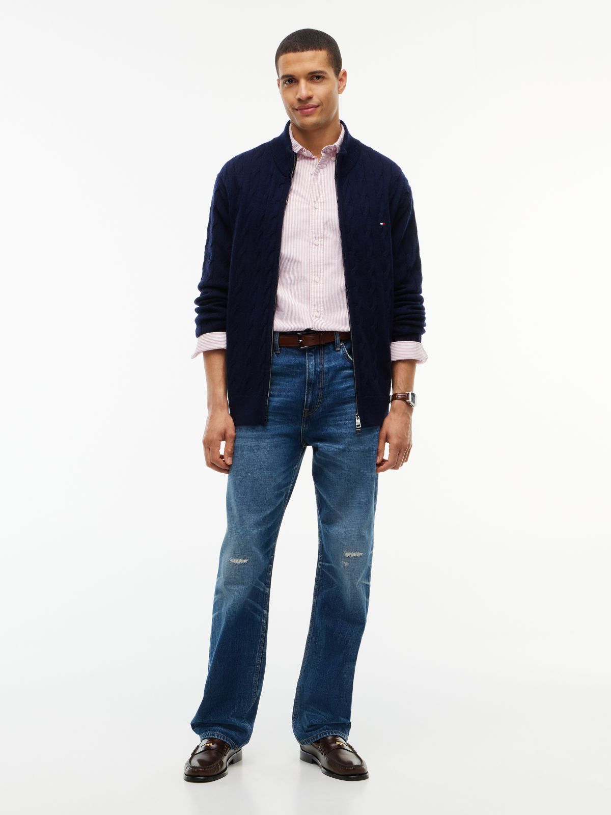 Cable Knit Lambswool Zip Cardigan — Navy Blue