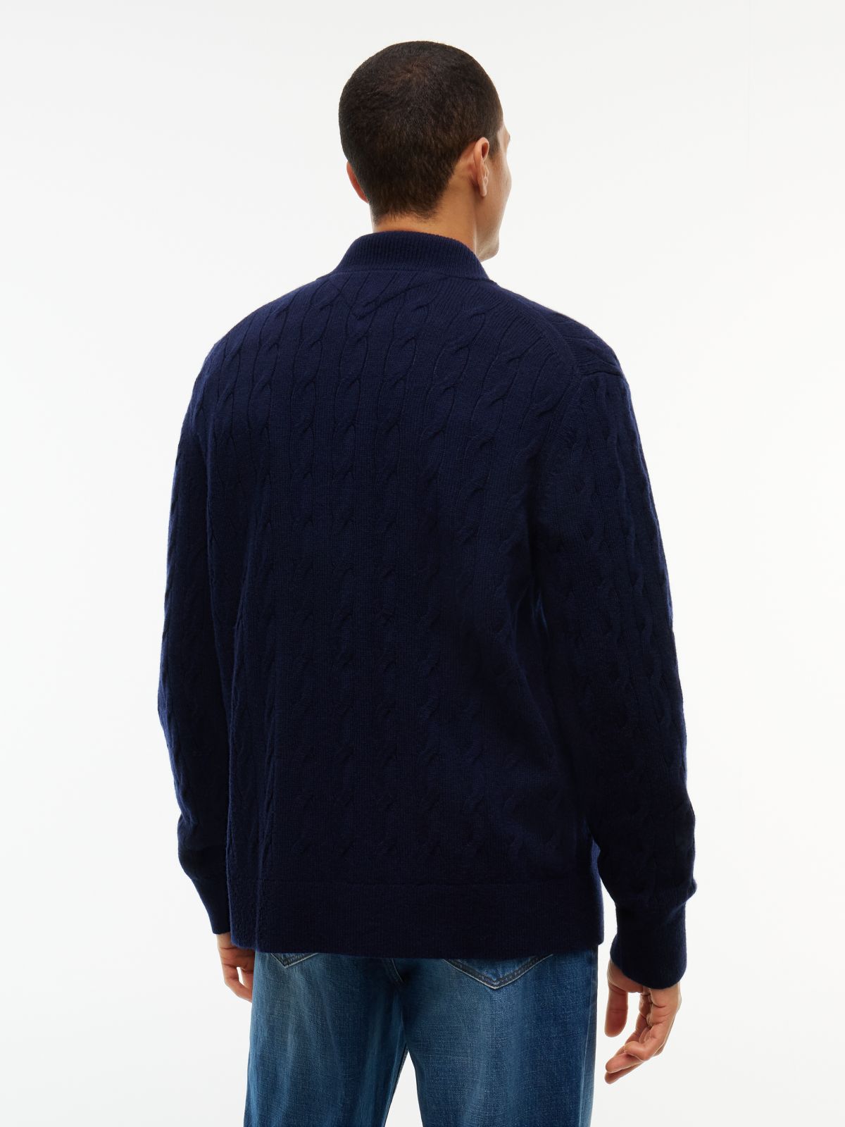 Cable Knit Lambswool Zip Cardigan — Navy Blue