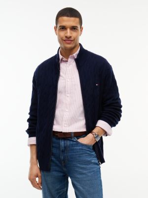 Cable Knit Lambswool Zip Cardigan, Navy Blue