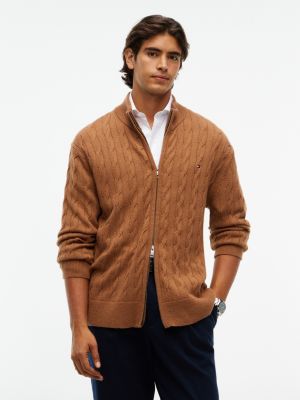 Cable Knit Lambswool Zip Cardigan, Timeless Tawny