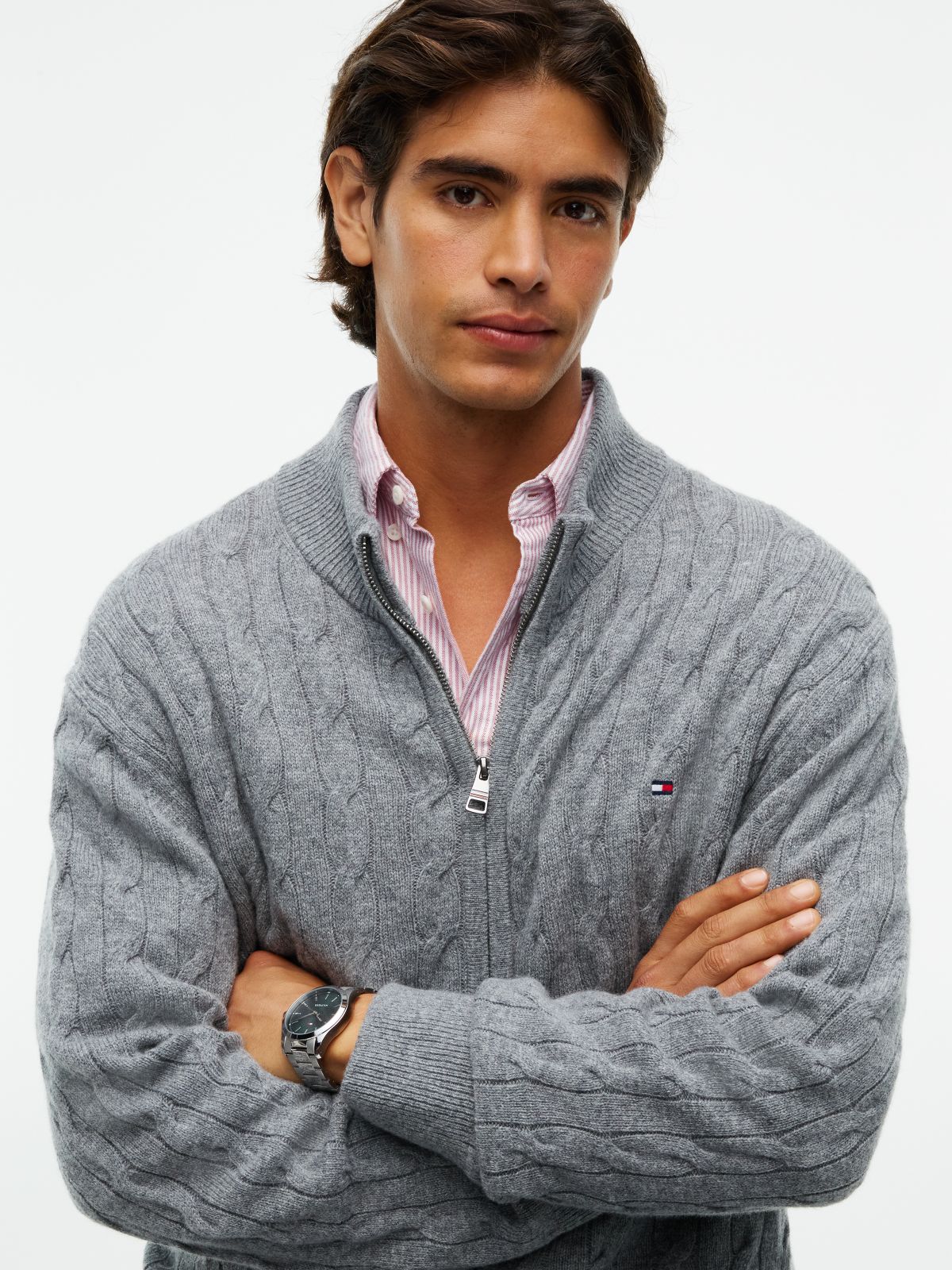 Cable Knit Lambswool Zip Cardigan — Grey Heather