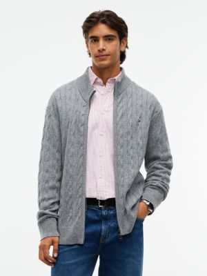 Cable Knit Lambswool Zip Cardigan, Grey Heather