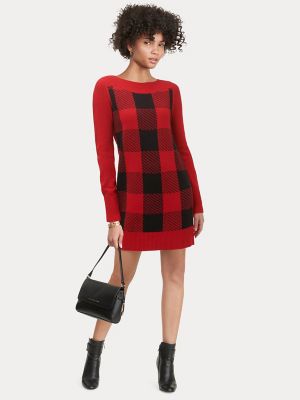 red plaid sweater dress