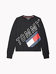 타미 힐피거 우먼 맨투맨 Tommy Hilfiger Essential Cropped Tommy Flag Sweatshirt,BLACK