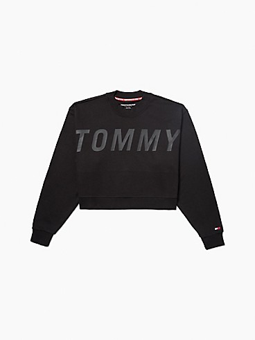 타미 힐피거 우먼 맨투맨 Tommy Hilfiger Essential Cropped Ghost Print Logo Sweatshirt,BLACK