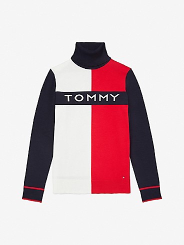 타미 힐피거 우먼 스웨터 Tommy Hilfiger Essential Colorblock Logo Sweater,SKY CAPTAIN