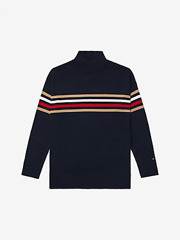 타미 힐피거 우먼 스웨터 Tommy Hilfiger Essential Stripe Mock Turtleneck Sweater,SKY CAPTAIN MULTI