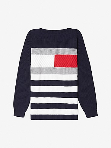타미 힐피거 우먼 스웨터 Tommy Hilfiger Essential Cable-Knit Flag Sweater,SKY CAPTAIN MULTI