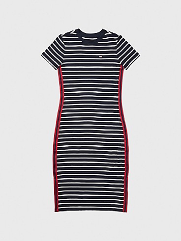 타미 진스 원피스 TOMMY JEANS Stripe Ribbed Midi Dress,SKY CAPTAIN/BRIGHT WHITE