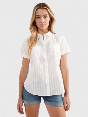 Regular Fit Stripe Camp Shirt, Bright White