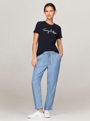 Lightweight Tapered Drawstring Pant, Light Wash Chambray