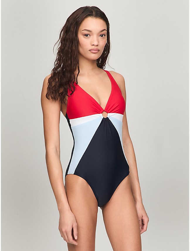 Bermies Women's One-Piece Swimsuit Americas Red/White Stripe sz M NWT Shark  Tank