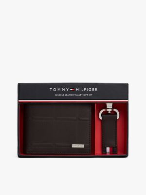 Embossed Leather Wallet & Keychain Set, Chocolate