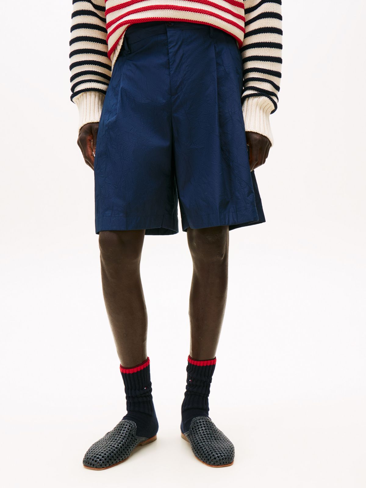Wide Leg Crinkle Chino Short — Navy