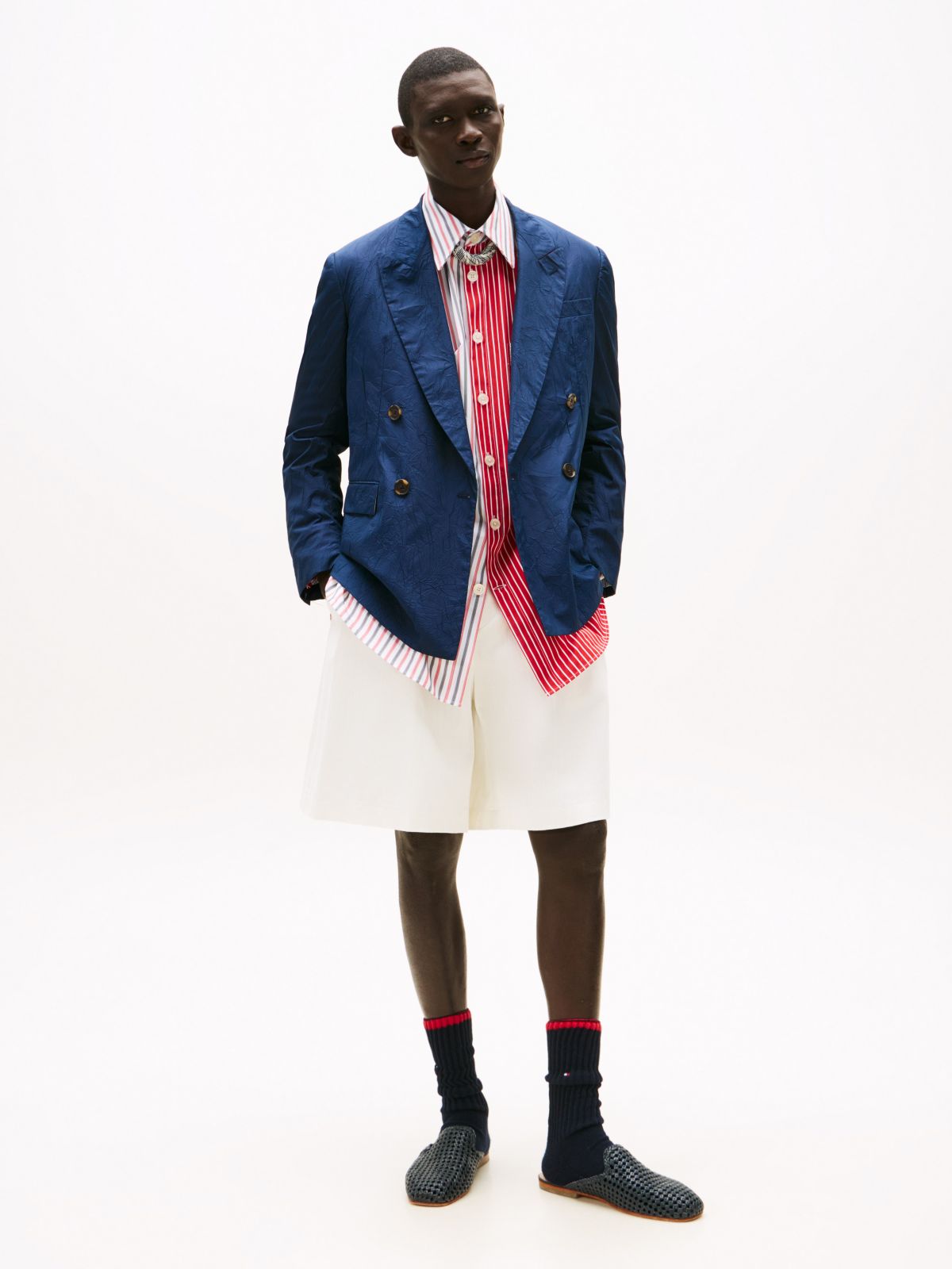 Double-Breasted Crinkle Blazer — Navy