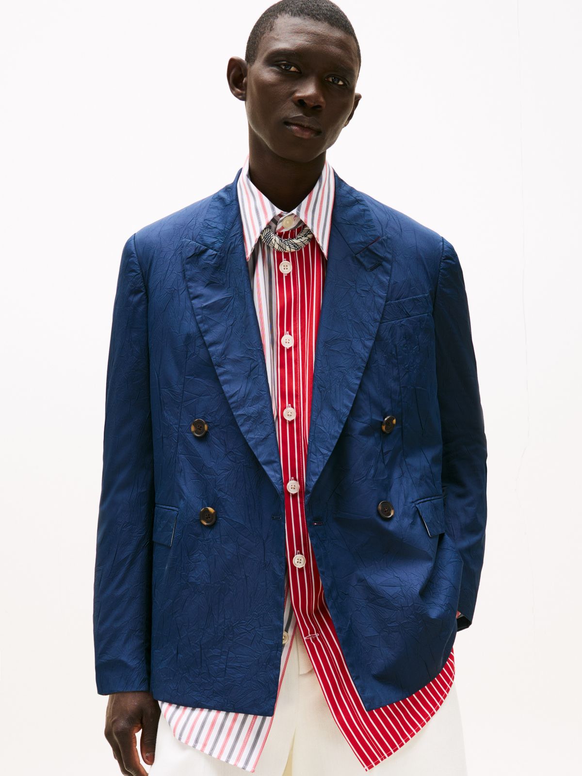 Double-Breasted Crinkle Blazer — Navy
