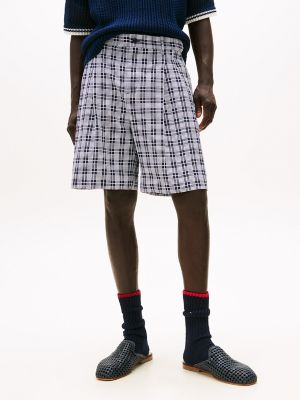 Wide-Leg Check Chino Short, Navy