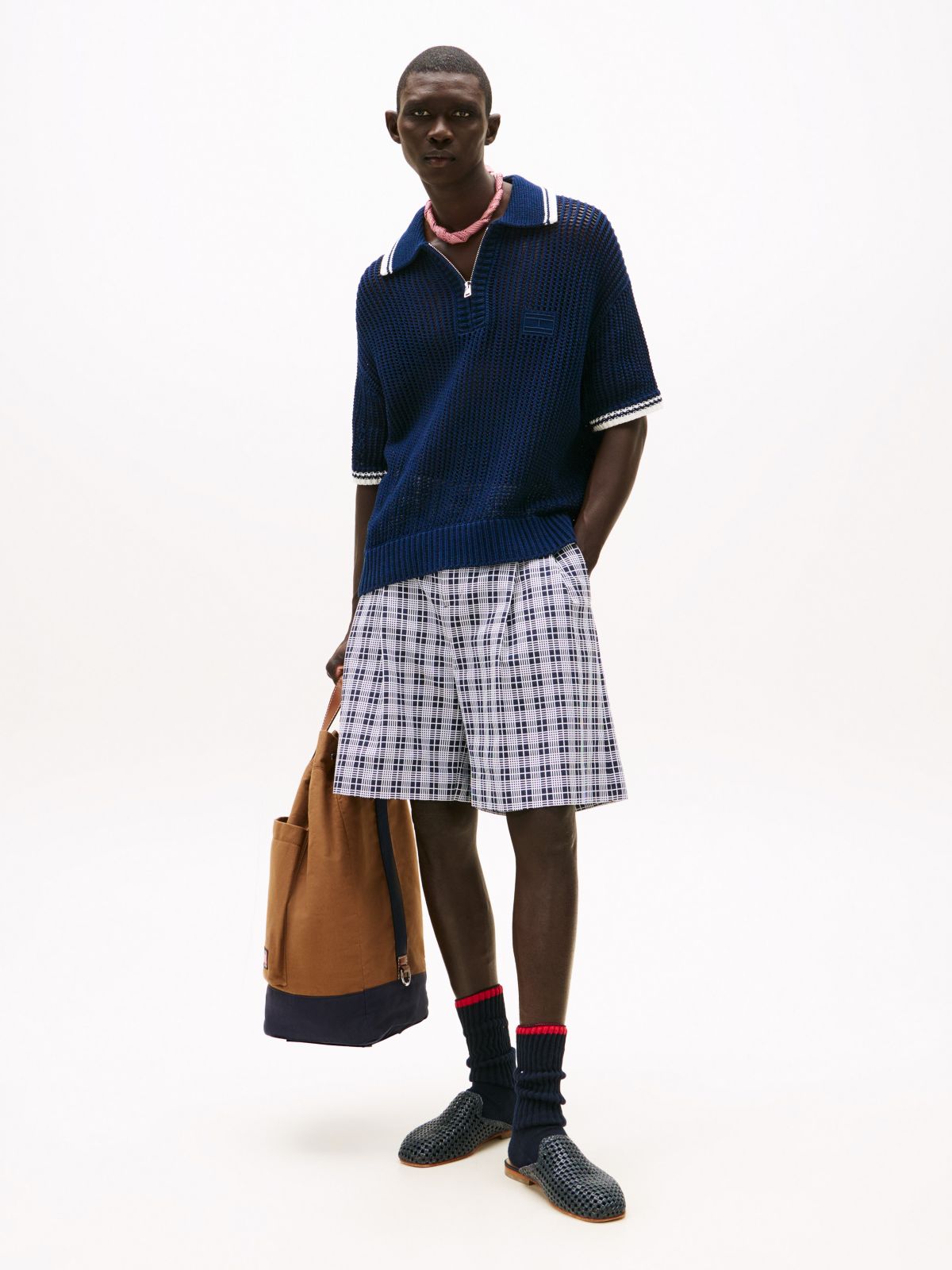 Wide Leg Check Chino Short — Navy