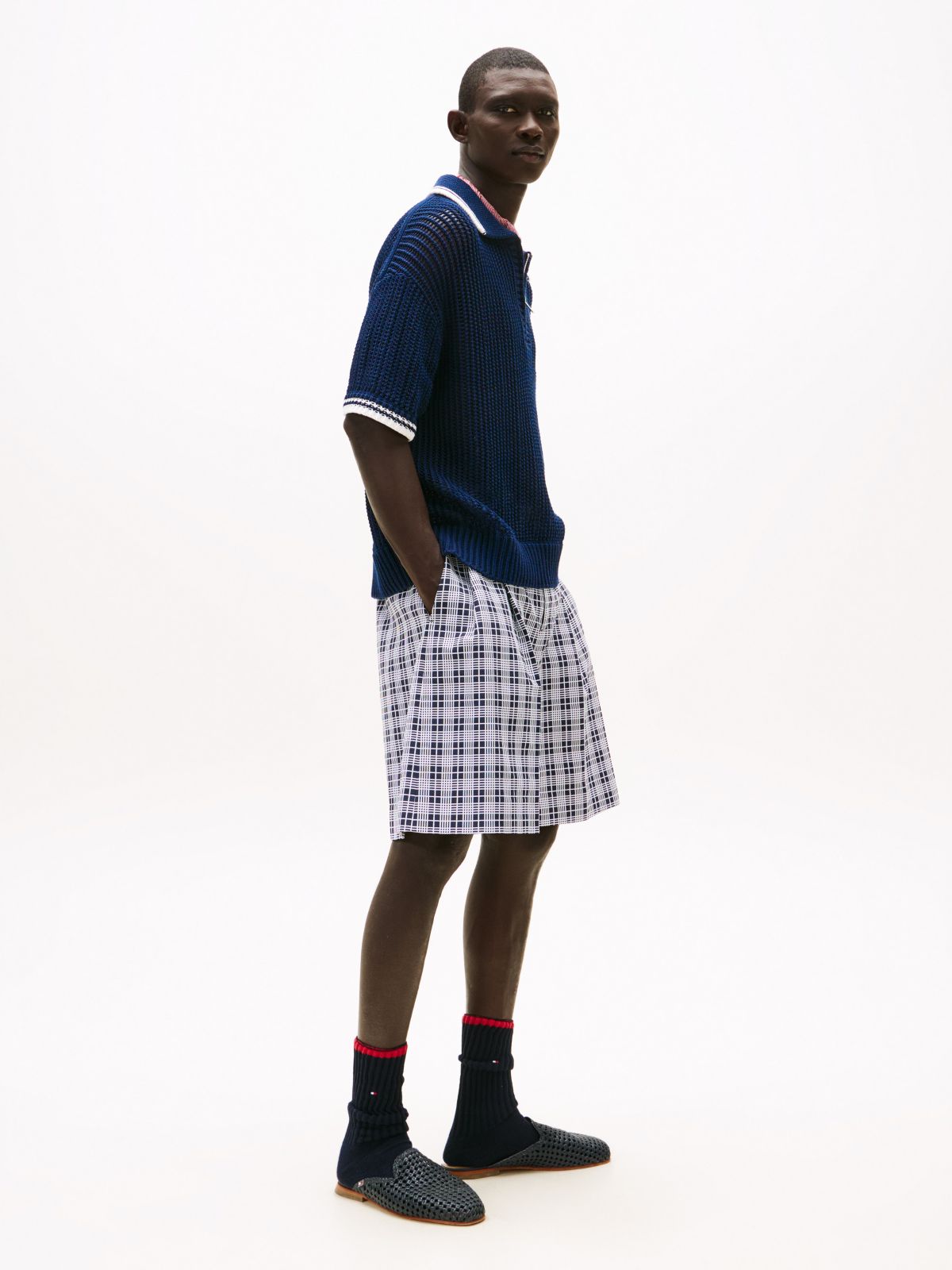Wide Leg Check Chino Short — Navy