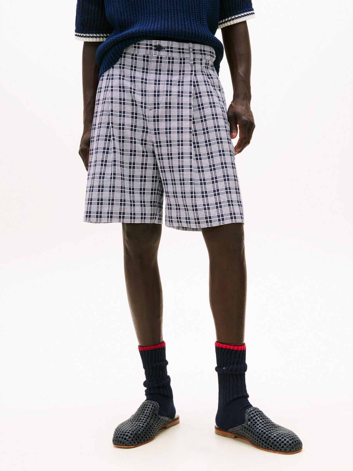 Wide Leg Check Chino Short — Navy