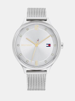 Stainless Steel Watch with Crystal Accents and Mesh Strap, Silver/Gold