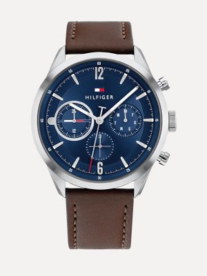 | with Strap Hilfiger Brown Leather Tommy Dark Watch Sub-Dials
