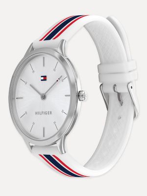 Slim Watch with White Dial and Stripe Silicone Strap