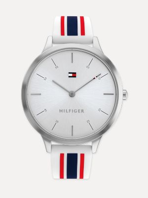 Slim Watch with White Dial and Stripe Silicone Strap