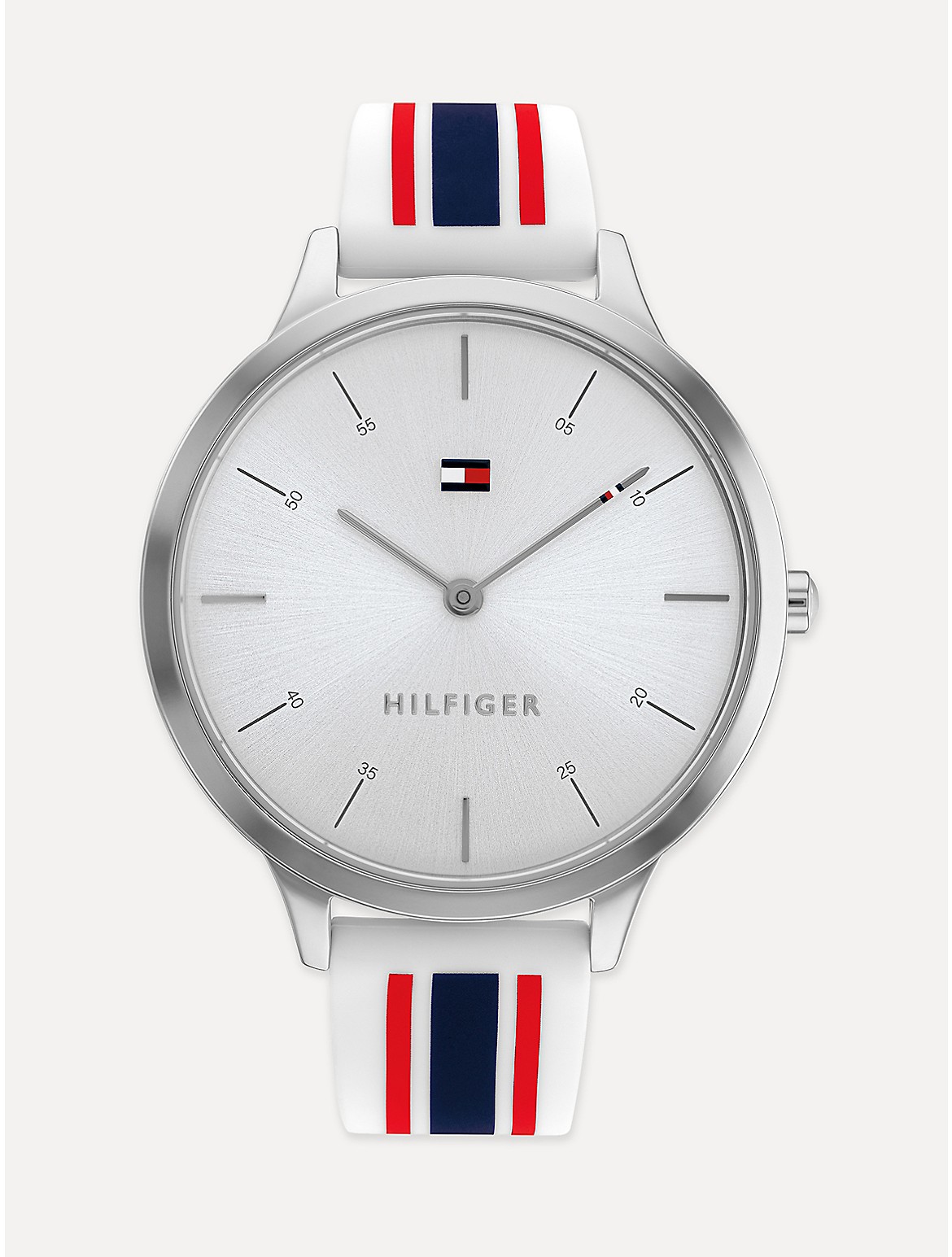 Tommy Hilfiger Women's Slim Watch with White Dial and Stripe Silicone Strap - Metallic