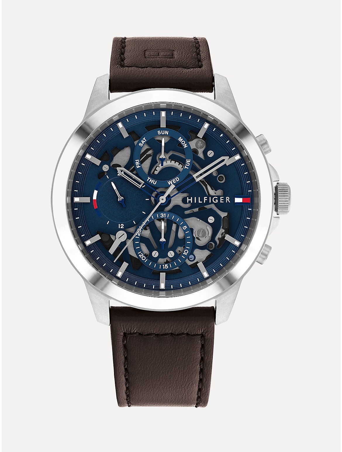 Tommy Hilfiger Men's Skeleton Watch with Dark Brown Leather Strap - Brown