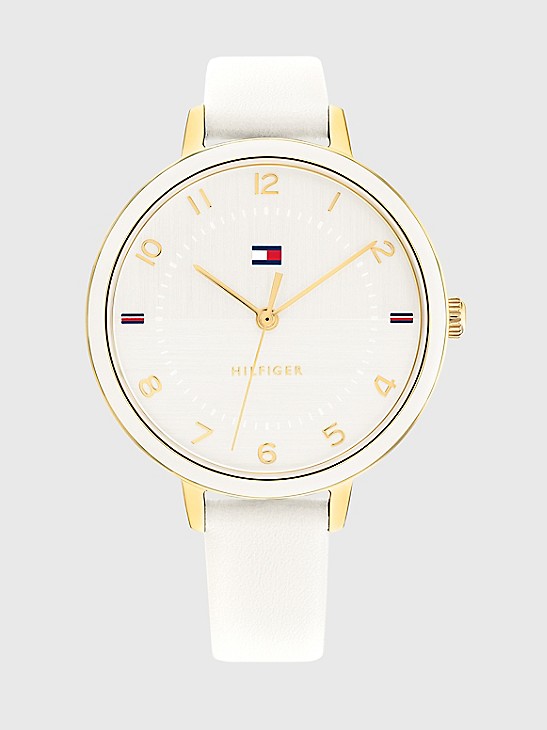 goud Susteen ze Casual Watch with White Leather Strap | Tommy Hilfiger