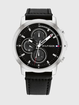 Casual Sub-Dials Watch with Black Leather Strap, Black