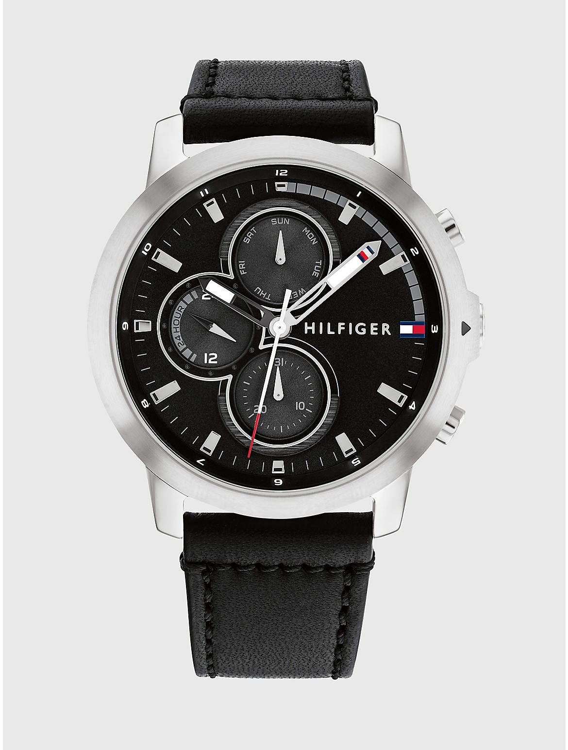 Tommy Hilfiger Men's Casual Sub-Dials Watch with Black Leather Strap - Black