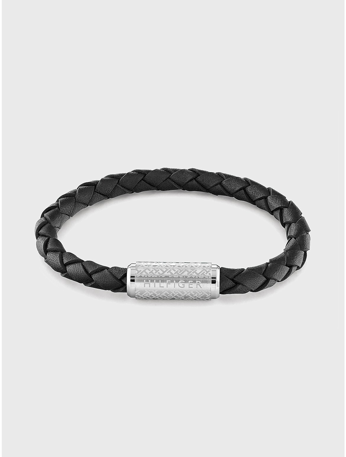Tommy Hilfiger Men's Adjustable Braided Black Leather Bracelet - Black