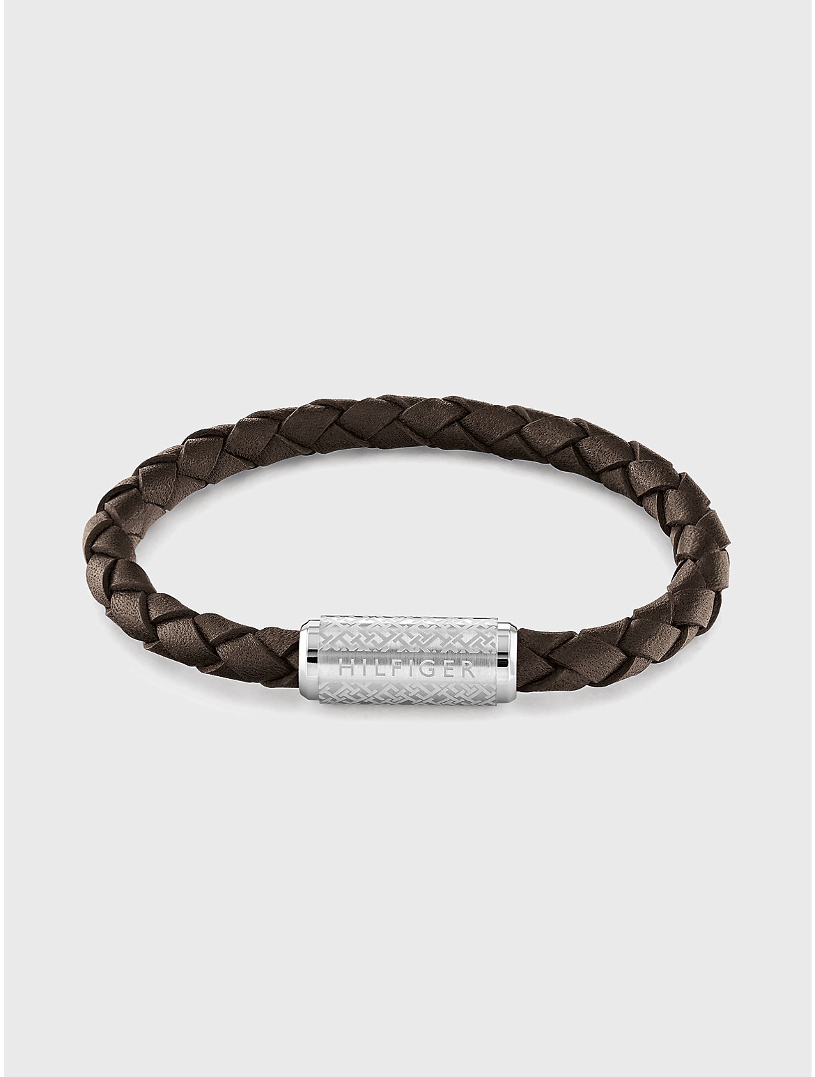 Tommy Hilfiger Men's Adjustable Braided Tobacco Leather Bracelet - Metallic