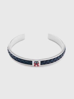 Braided Navy Leather Metal Bracelet, Blue