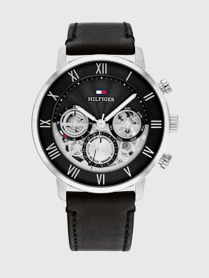 Dress Watch with Black Leather Strap, Black