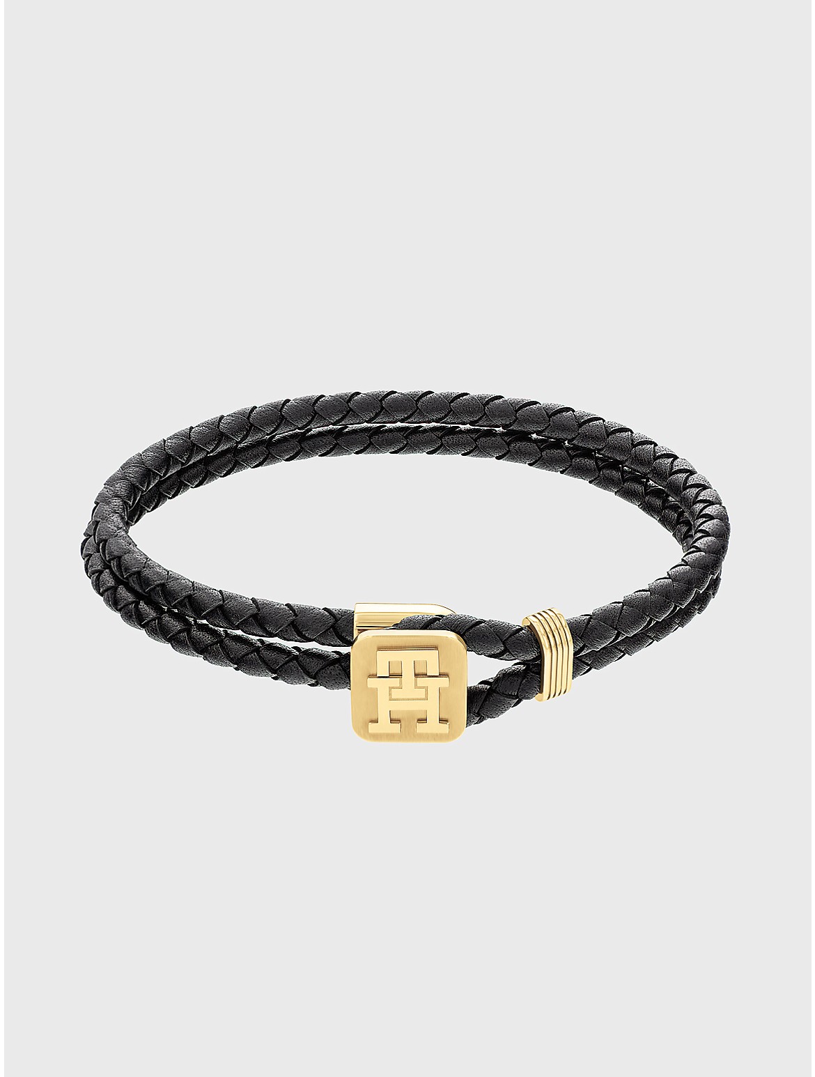 Tommy Hilfiger Men's TH Logo Black Leather Bracelet - Black
