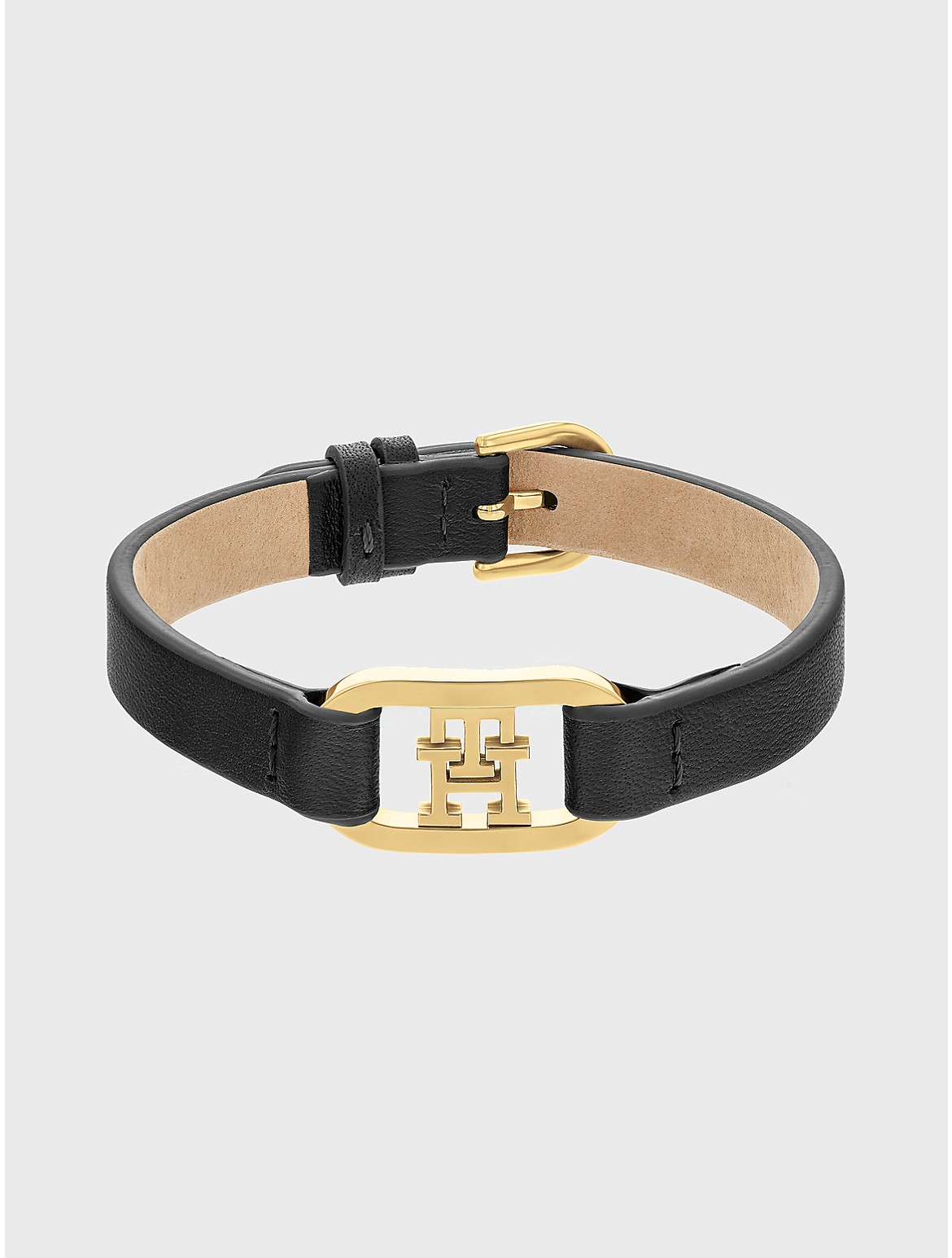Tommy Hilfiger Women's TH Logo Black Leather Belt Bracelet - Black